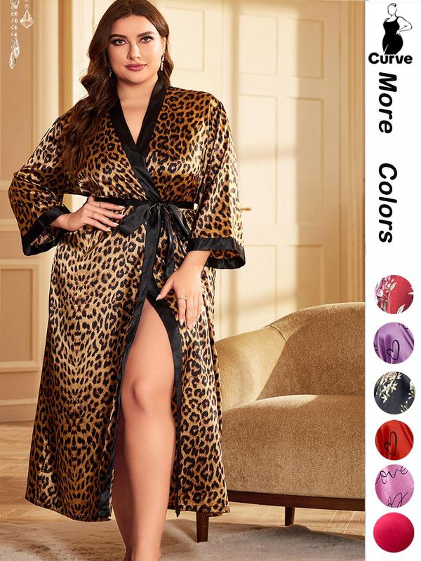 [Plus Size] Halloween Print Belted Wrap Long Sleeve Loose Loungewear Robe, Women Long Sleeves Nightwear, Fall Lady Long Lounge Robe Gowns, Halloween Pajamas, Robes for Women, Floral Print Robe, Wrapped Belted Robe, Casual Soft Bathrobe Womenswear Vneck
