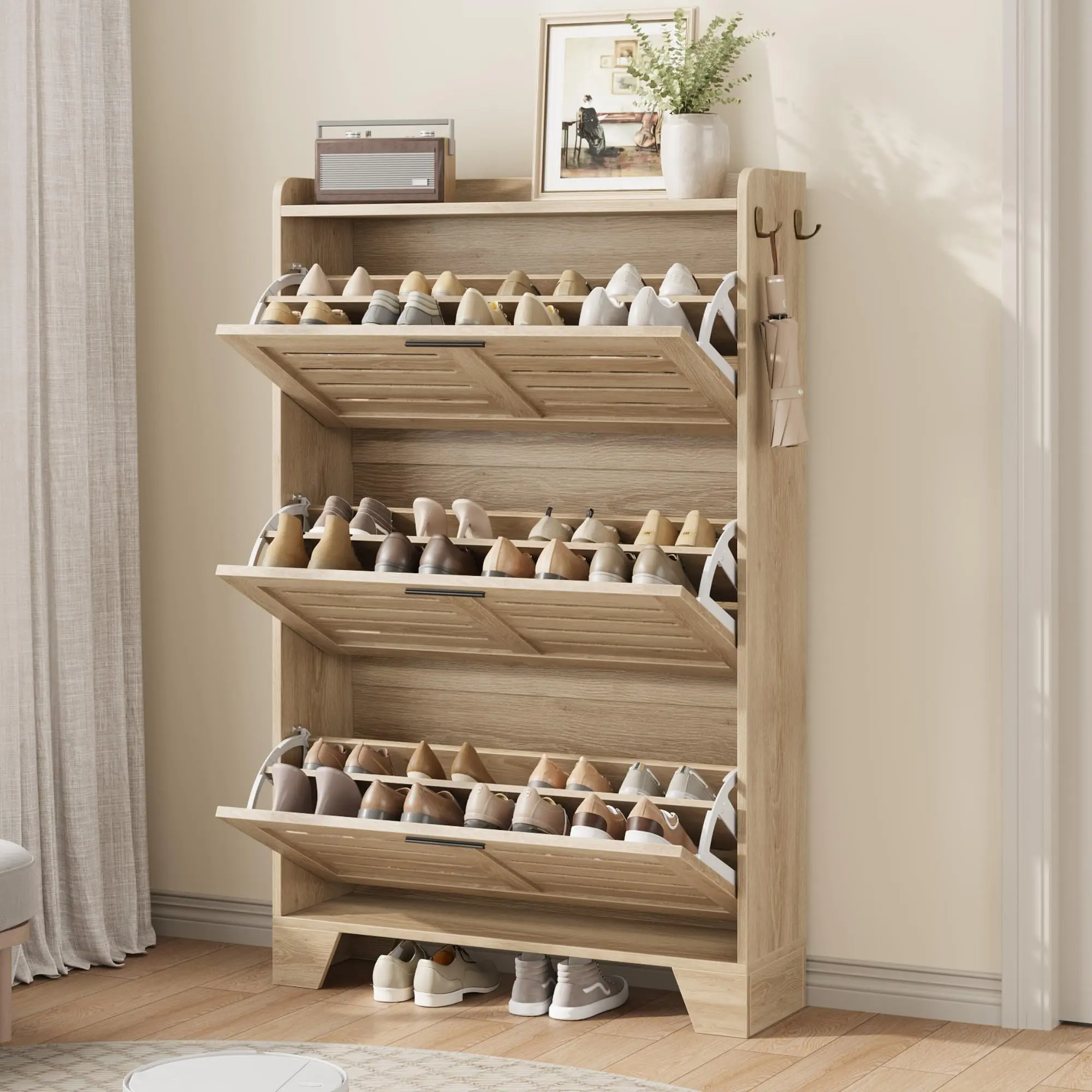 Garvee Narrow Shoe Rack Organizer - Minimalist Freestanding Slim Storage Cabinet with 2/3 Flip Drawers, Waterproof Hidden Organizer, Hooks for Entryway,Foyer (Light Oak,Gray,Black) for Home Storage Organization,Adjustable Design