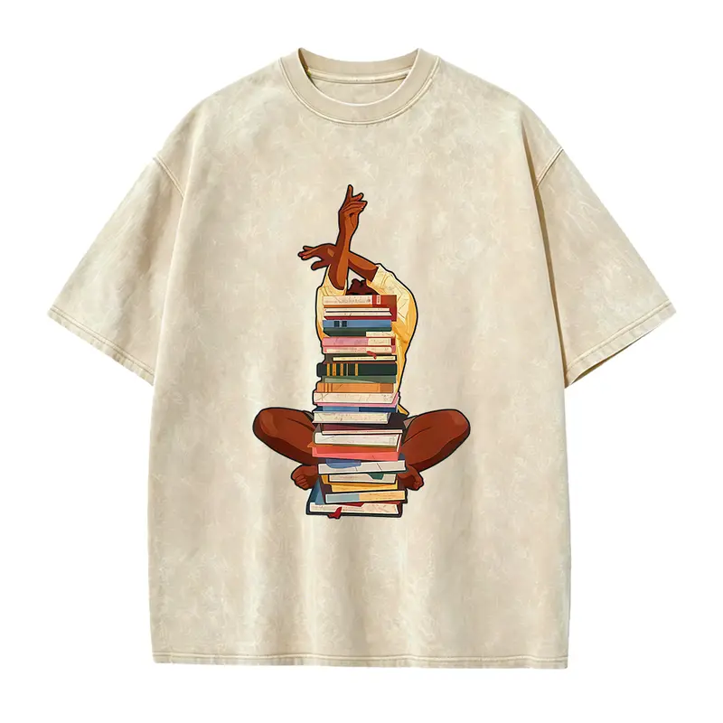 100% Premium Cotton T-shirt Black Woman And Books Stack Afro Girl Book Lover T-Shirt Cotton Casual Crewneck Sweatshirt Printed Design