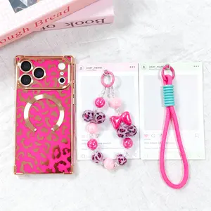 Luxury Leopard Print Glossy Square Cellphone Casing, 3-Piece Set with Matching Beads & Bracelet, Handheld Protective Phone Case for iPhone 17/16/15/14/13 Pro Max, MagSafe-Compatible, Shockproof Durable Devices Accessory