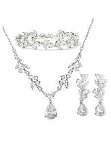 Elegant Bridal Jewelry Set, Wedding Set, Water Drop Zircon Necklace Earrings Bracelet, Boho Style, Copper Material, All Seasons Wear