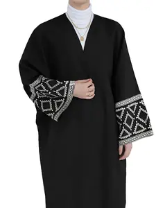 Middle Eastern Muslim Women's High-End Embroidered Robe, Arabic V Neck Loose Slimming Dress, Elegant Long Sleeve Clothing, Modesty Muslim Clothing