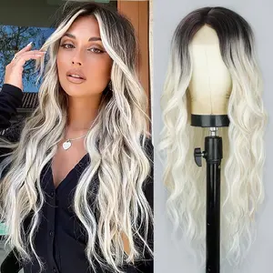 【LIVE】Ombre Platinum Blonde Long Wigs for Women Wavy Wig Middle Part Curly Wigs Natural Looking Hair Replacement Wigs for Party Daily Use
