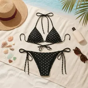 Cute Heart Polka Dot Triangle Bikini Set, White & Black Bow String Two Piece Swimsuit, Sweet Girly Tie Side Summer Beachwear