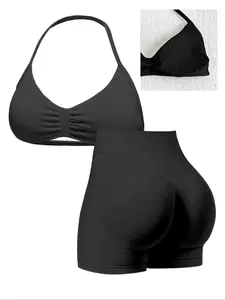 Women's Seamless Yoga Set, Gym Shorts & Sports Bra 2-Piece Workout, High-Waisted Fitness Clothing for Women, Athleisure Wear