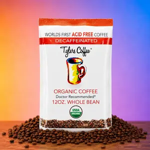 Tyler's Coffee Organic Decaf Whole Bean 12oz Bag - World's First Acid-Free Coffee USDA Certified Natural & Flavorful
