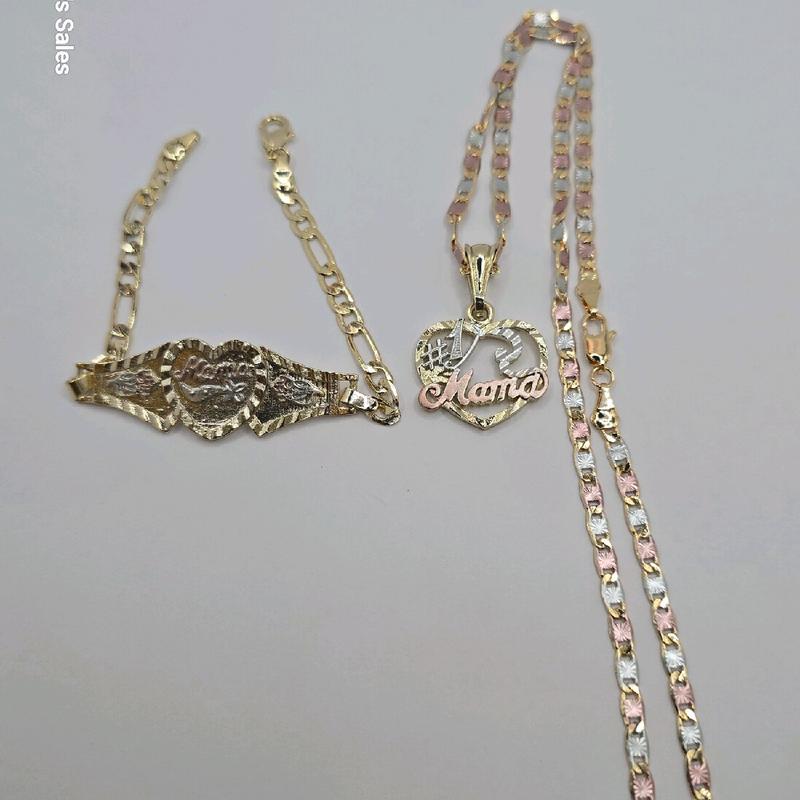 MOTHER'S GIFT SET mama #1 necklace mama bracelet heart and figaro style GOLD-PLATED 7"inches three colors