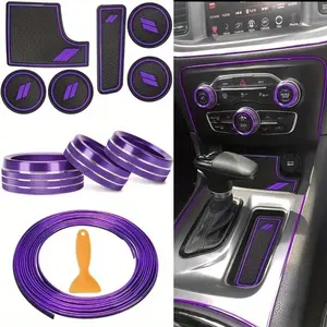 10PCS Dust-proof Mats and Decorative Strips 2015-2023 6-piece Cup Plug Mats 3-piece Air Conditioner Volume Radio Switch Rings 5 Meters Car Interior Decorative Strips Decorative Decals (Red, 3-in-1 Set) Car Interior Kit Car Accessories