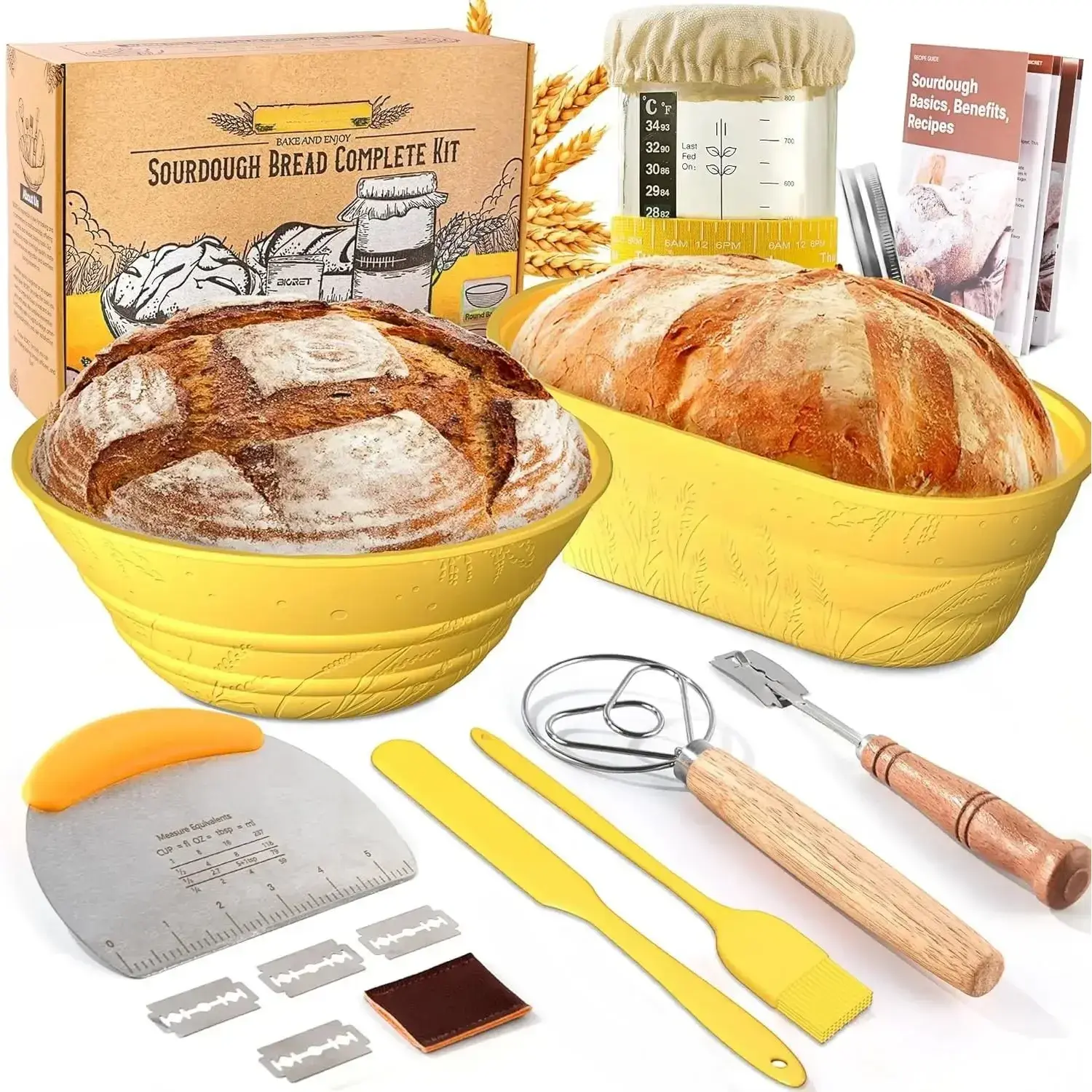 Complete Sourdough Kit - Yellow 34 oz Sourdough Starter Bakeware Set, 2 Foldable Design Bread Proofing Baskets, Recipe Book, Thermometer Strip, Family-Focused Kitchen Baking Utensil Set