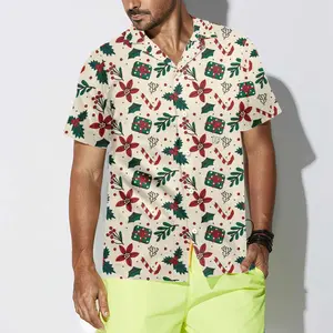 Christmas Elements Seamless Pattern Hawaiian Shirt, Vintage Christmas Shirt, Unique Gift For Christmas, Short Sleeve Casual Button Down Shirts Summer Beach Shirt, Tropical Floral Shirt