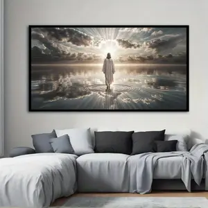 [1pc Jesus Walking on Water Art] Modern Abstract Jesus Walking on Water with Sunburst Print Art - 1pc less Canvas Painting Wall Decor for Living Room and Bedroom,