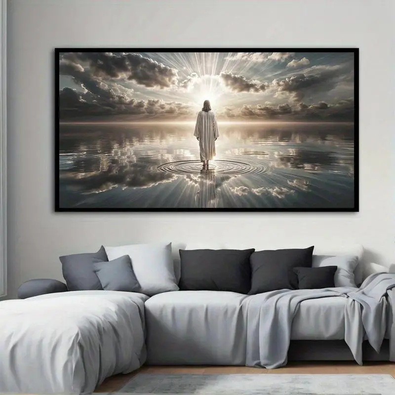 [1pc Jesus Walking on Water Art] Modern Abstract Jesus Walking on Water with Sunburst Print Art - 1pc less Canvas   Wall   for Living Room and Bedroom,