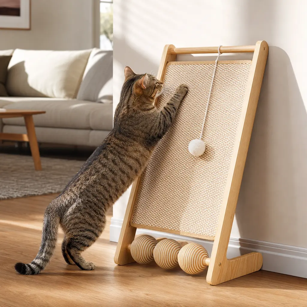 Vertical Solid Wood Scratching Post with Interactive Toy Ball, Natural Jute & Cardboard Sloped Sisal Scratcher Ramp, Wear-Resistance Single Unit Multi-Functional Space-Saving Indoor Cat Furniture