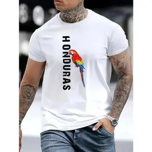 Men's Honduras & Bird Graphic Print T-Shirt - 100% Cotton Regular Fit Round Neck Short Sleeve Tee for Casual Streetwear, Parties, Holidays - Machine Washable All-Season Comfort, Holiday Attire | Cotton Fabric Classic Embroidered Menswear Top