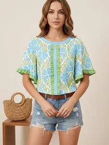 Women's Floral Print Blouse Ruffle Short Sleeve Round Neck Casual Tunic Tops Summer Lightweight Viscose Shirts