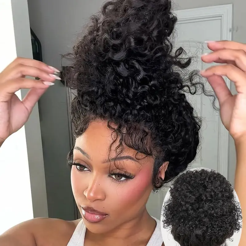 Women's Pizazz Hair Hidden Glueless Strap 360 Drawstring Full Lace Frontal Human Hair Wig, Pre-Plucked, Pre-Bleached Knots, 220 Density, Water Wave Curly HD Lace Wig