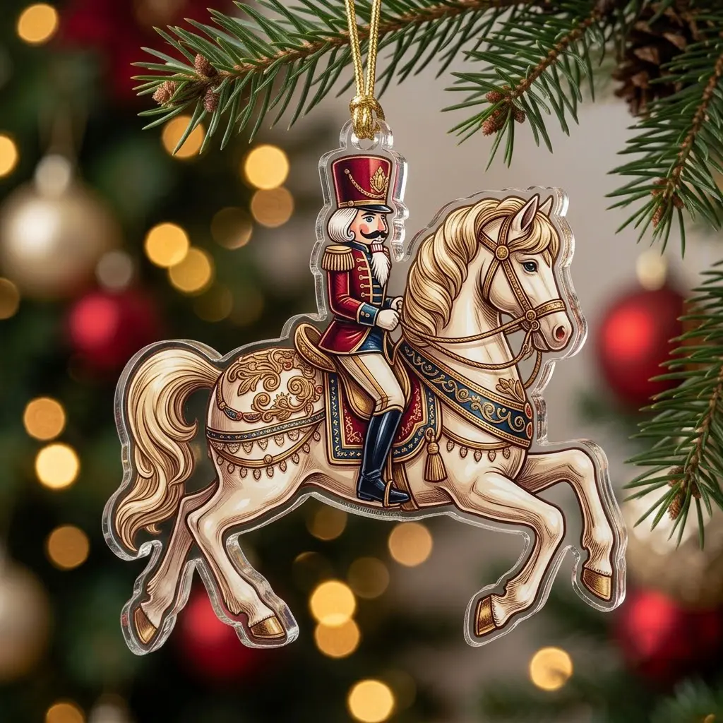 Vintage Soldier Nutcracker-on-Horse Acrylic Flat Hanging Ornament, Festive Christmas Decor, Holiday Keepsake Gift