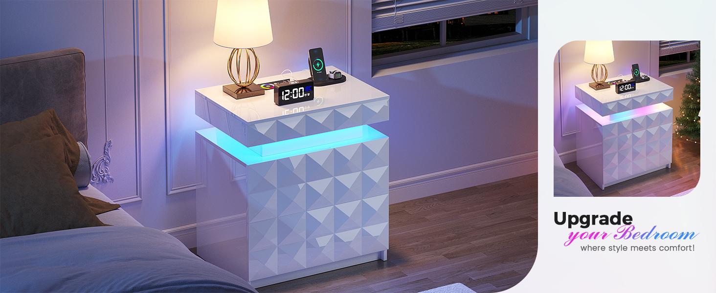 Dystler LED Nightstand Set of 2 with Charging Station,3 Drawers Night Stand with Lockable Hidden Storage,Smart Bedside Table with Human Sensor RGB Lights for Bedroom,white