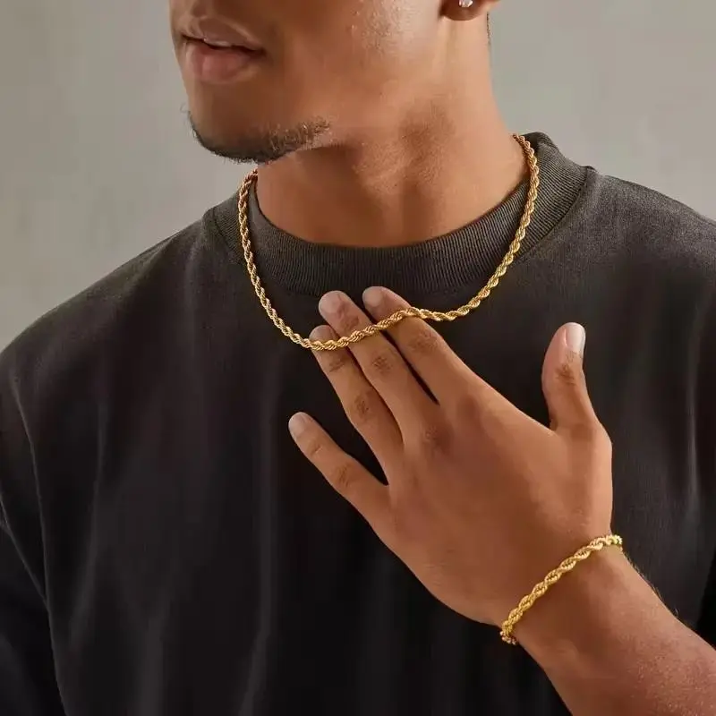 Luxury 24K Gold-Plated European Classic Twist Necklace & Bracelet Set for Men Women 3MM Rope Chain Necklace Jewelry Ideal Bridal Engagement Jewelry