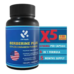 Lite Supply Berberine HCL 4700mg, 150 Capsules - Plus Pure True Ceylon Cinnamon, Turmeric - Berberine HCL Supplement Pills - Supports Immune System, Cardiovascular & Gastrointestinal Function