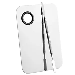 Professional Stainless Steel Makeup Mixing Plate With Spatula, Multi-use for Eyeshadow, Eyelash and Nail Pigment Blending Tool, 6 X 4 Inch Silver Tone