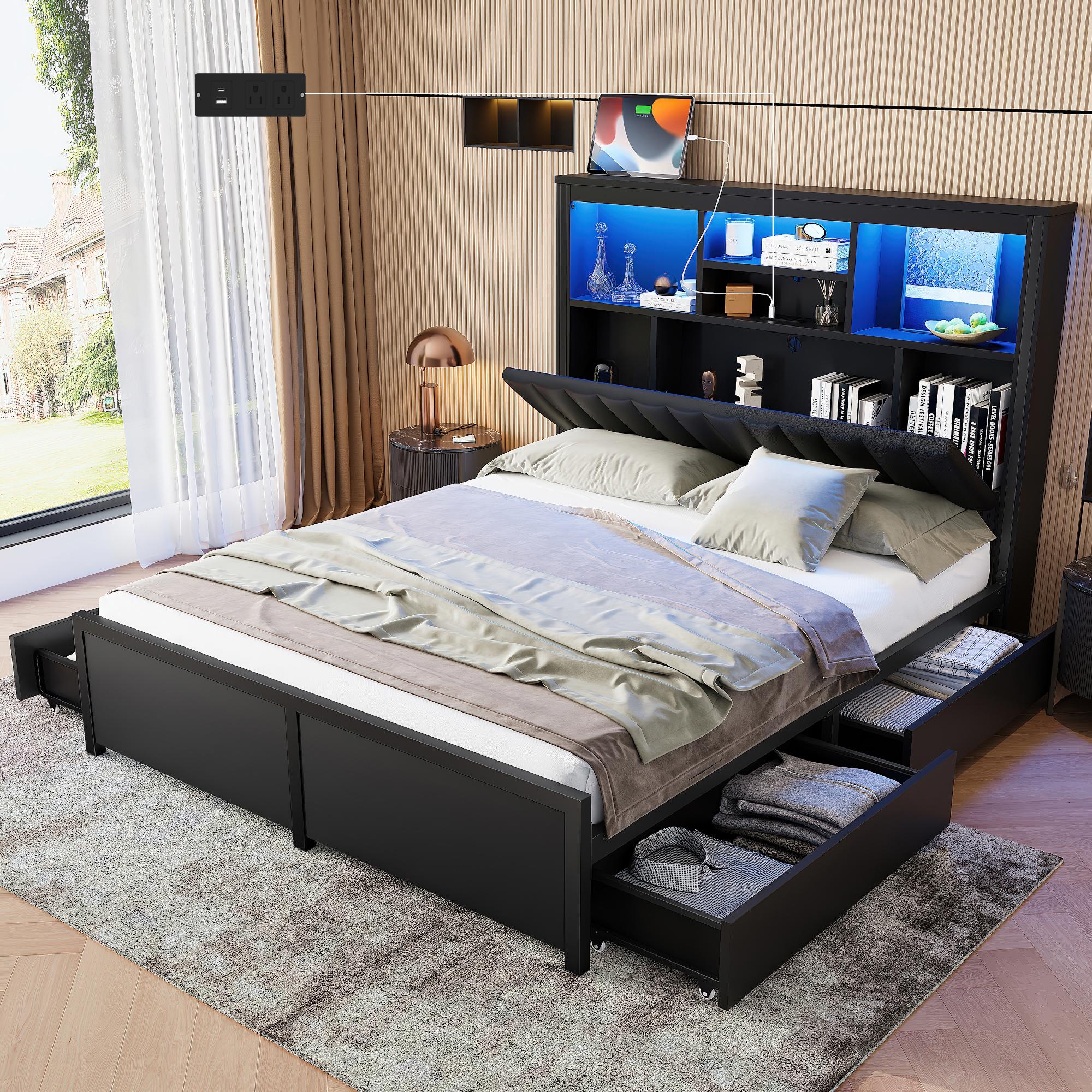 King Size Platform Bed Frame with Tall Storage Headboard and 4 Storage Drawers，Metal Platform Bed with LED Light and Charging Station for Small Space Bedroom Living Room No Box Spring, Black