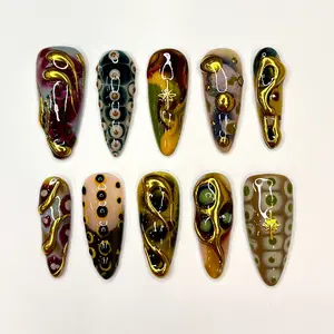 Alice WonderNails – Freestyle Earthy Tone Press On Nails, Custom Airbrush Fake Nails with Chrome Accents, Holiday Birthday Edgy Nail Set – AW176