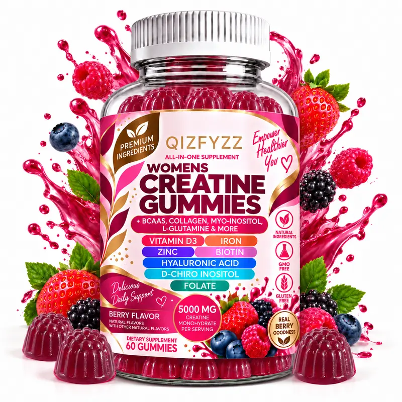 QIZFYZZ Edible Creatine Monohydrate Gummies - Healthcare & Fitness Supplement with BCAA, Myo-Inositol, Collagen, Biotin, Hyaluronic Acid, L-Glutamine, Vitamin D3, Iron, Zinc, Folate, D-Chiro Inositol to Boost Performance