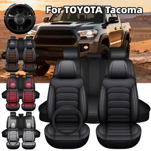 For TOYOTA Tacoma 2014-2023 2024 2025 2026 4 Doors 2 Row Car 5 Seat Covers with Steering wheel Cover & Storage Pockets Bag, Waterproof PU Leather Front Rear Cushion Protector Mat Full Set Breathable, Vehicle Interior Decoration Accessories