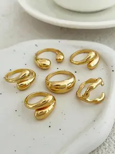 6pcs Set Vintage Minimalist Alloy  Teardrop Design Open Rings, Asymmetrical Fashionable Thick Metal Gold Tone Ring Set.Perfect Gift For Birthdays, Holiday Gifts, And Parties. Suitable For All Seasons, And Is An Ideal Choice For Holiday Accessories.