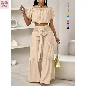 Women's Solid Color Top & Wide Leg Pants Set, Casual Off Shoulder Top & Palazzo Pants for Summer, Clothes for Beach Holiday Vacation, Womenswear