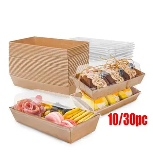 10/30pc Kraft Paper Baking Box with Transparent Plastic Lid, Rectangular Dessert Container for Donuts, Cookies, Cakes, Sandwiches, Light Snacks, Events