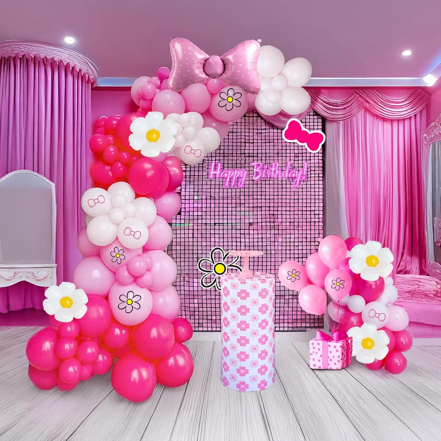 140 Pcs Pink Balloon Arch Kit with Daisy Print & Foil Bow Balloons for Cartoon Cat Party Decor
