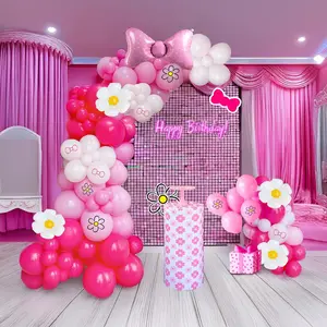 140 Pcs Pink Balloon Arch Kit with Daisy Print & Foil Bow Balloons for Cartoon Cat Party Decor