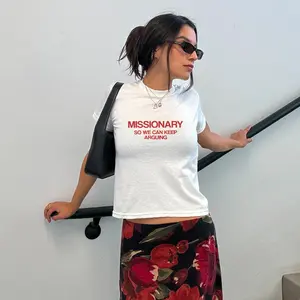 Missionary So We Can Keep Arguing Baby Tee Funny Aesthetic Shirt 90s Vintage Style Fitted Tee Cute Baddie Gift Sassy Retro Baby Tee