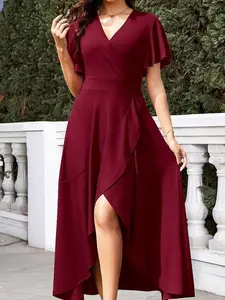 WEACZZY Women's V-Neck Ruffle Sleeve Wrap Maxi Dress - Split, Elegant, Casual, Red - Wedding Guest Outfit for New Year's Eve, Christmas, 2026 NFR Outfits (Gia Lover Style)
