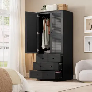 Gaomon Modern Wooden Armoire Wardrobe Closet - Tall, Heavy-Duty Standing Storage Cabinet with 2 Hanging Doors, 3 Drawers, Hanging Rails, Integrated Base & Easy Setup for Home Clothing Organization