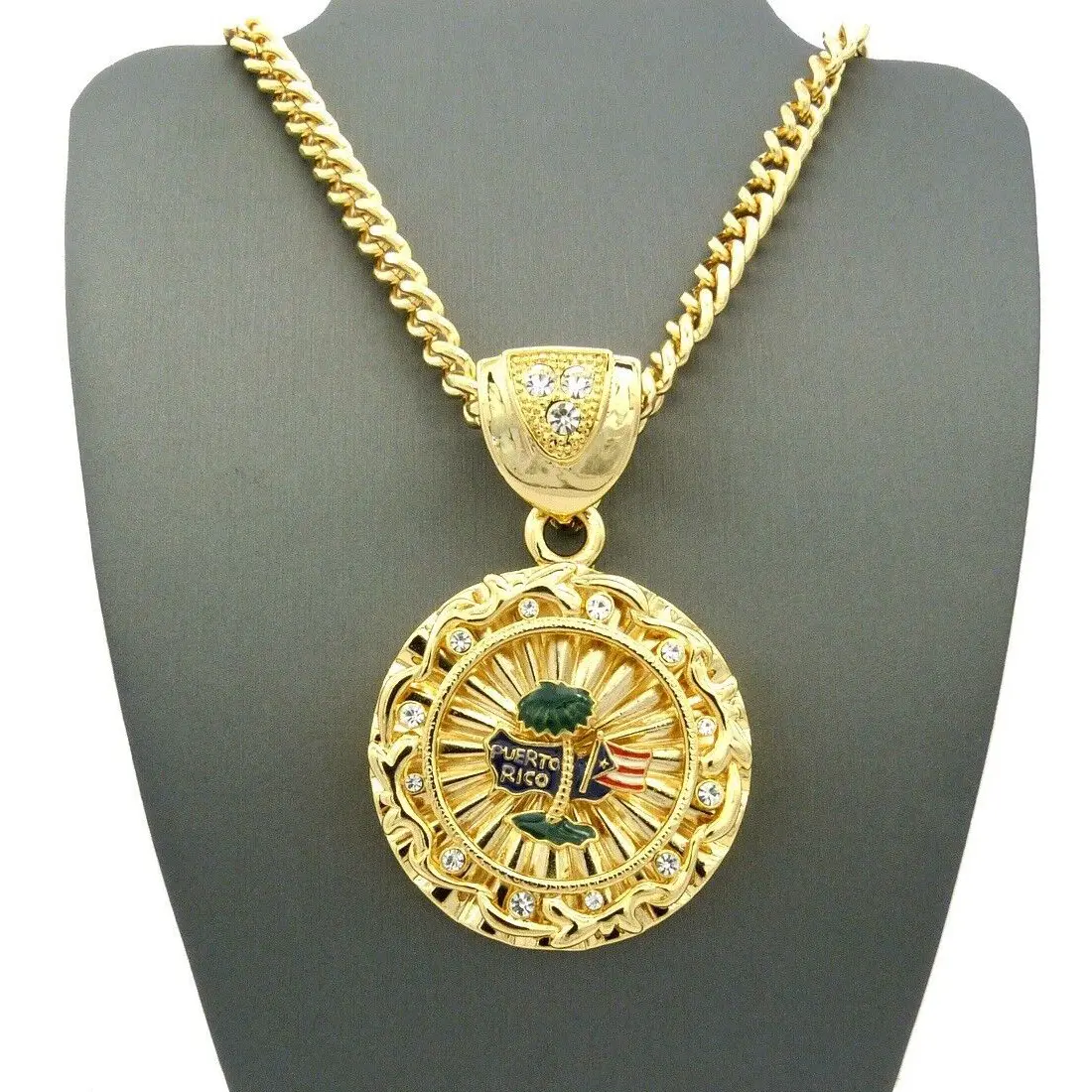 MaxBling81 Gold Plated Large Iced Round Medal Pendant Necklace, 6mm Cuban Chain (20"-36"), Unisex Hip Hop Gold Statement Costume Jewelry, Gold Statement Chain