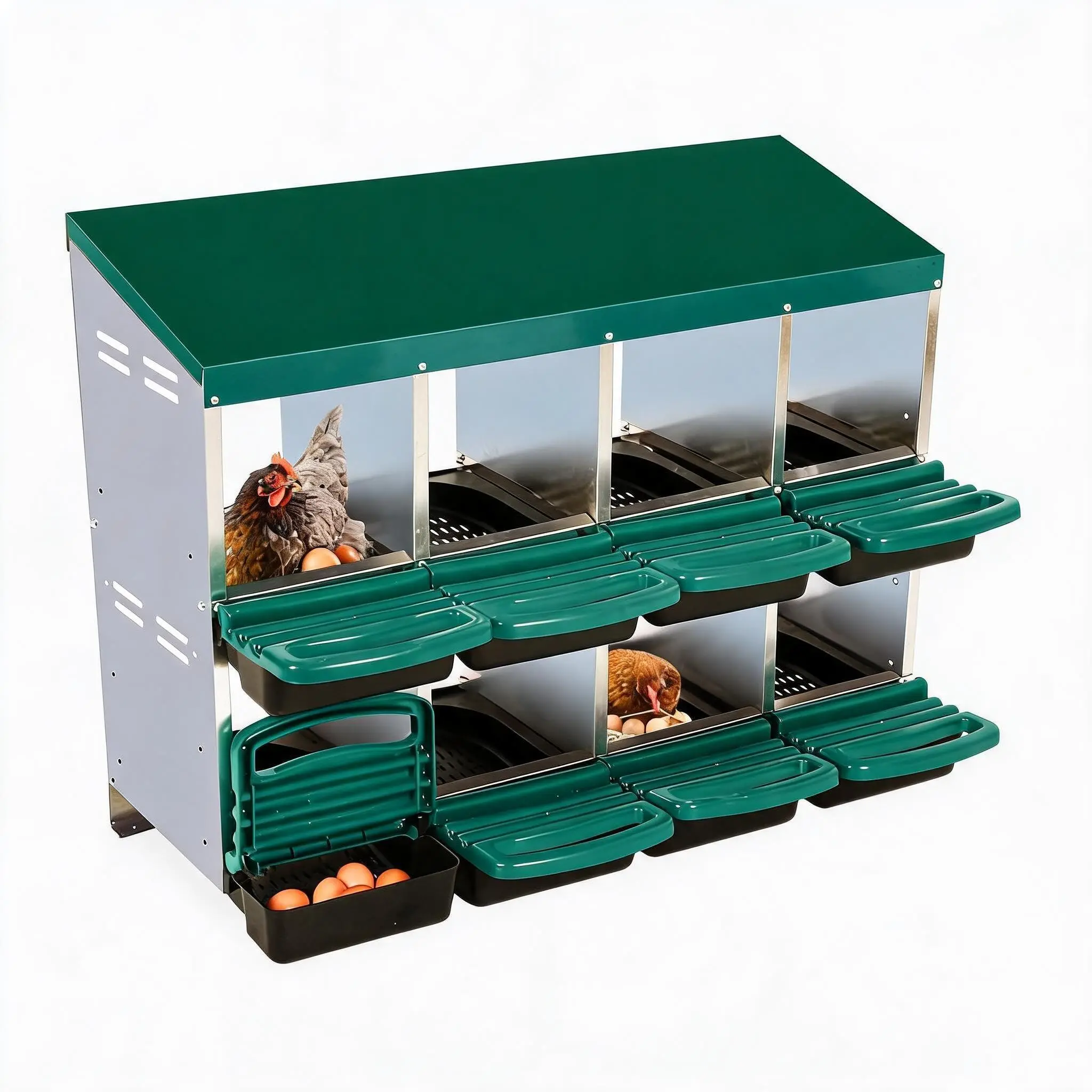 Legless Base Metal Frame Rectangular 8-Compartment Roll Away Chicken Egg Laying Coop Box, Wall Mount & Freestanding Design, Easy-Clean Pull-Out Trays, Green