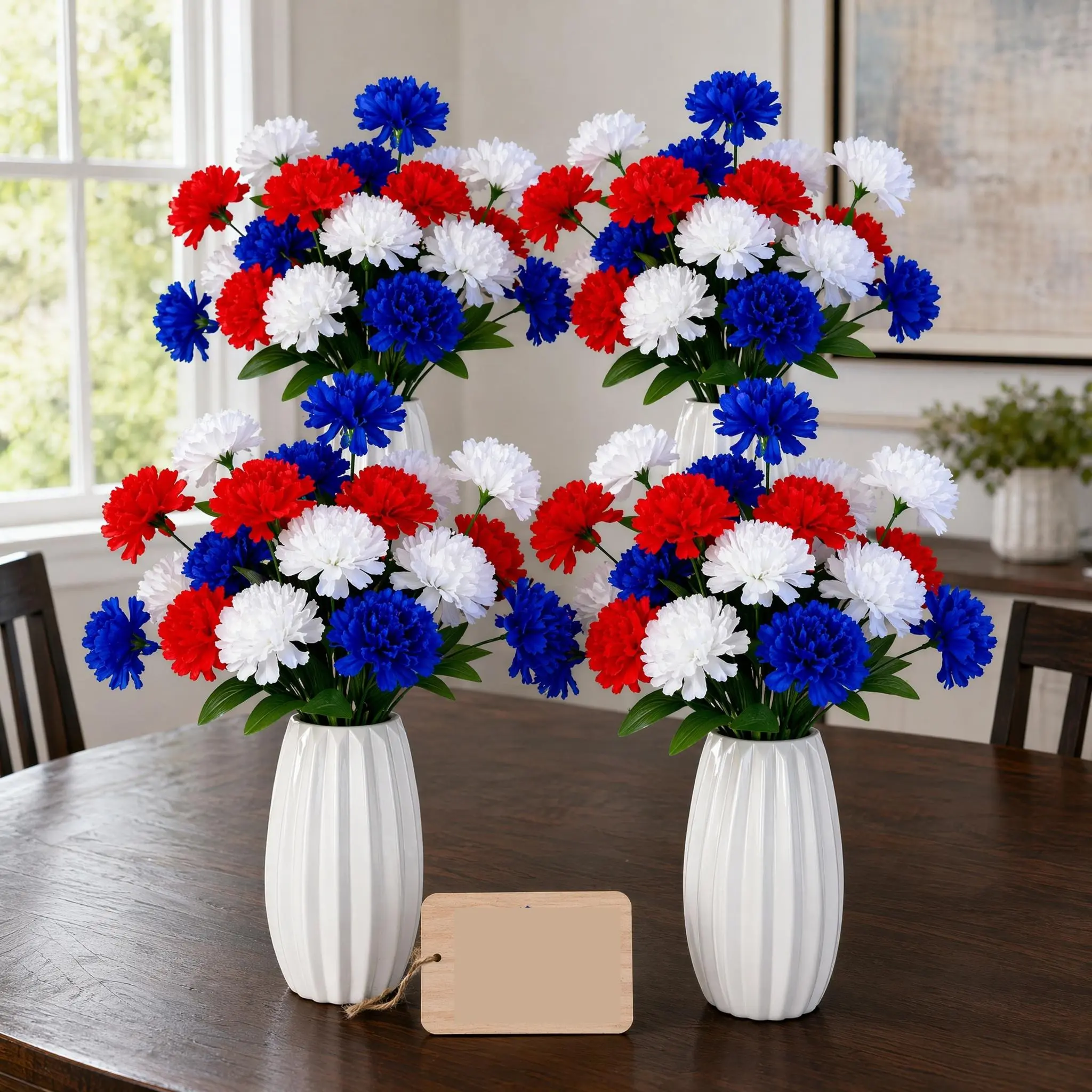 American Pride Decorative Grave Side Bouquet - 2/4/6-Pack Red White Blue Carnation Silk Flowers, Durable All-Weather Fade-Resistant Cemetery Headstone Vase Fillers, Patriot Gift for Veterans, Ideal for Independence Day, Memorial Day, Anniversary