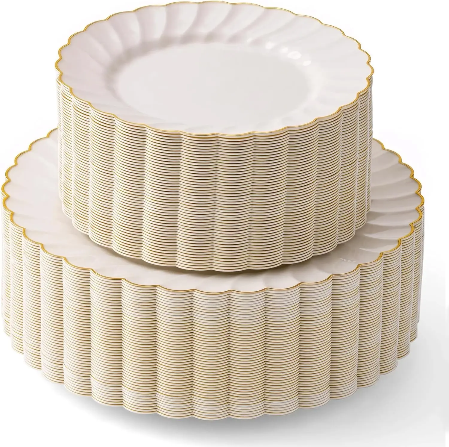HEAVYWEIGHT 100 Pc Scalloped Ivory Gold Plastic Plates for Party | 50 Dinner & 50 Dessert Plates Disposable Heavy Duty | Elegant & Fancy for Wedding, Baby Shower, Bridal Shower 50 Guests By Madee