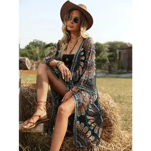 Women's Floral Embroidery Open Front Mesh Cover Up Dress, Boho Style Casual Fashion Tie Front Long Sleeve Scallop Trim Cover Up Dress for Beach Holiday Vacation, Ladies Clothes for All Seasons