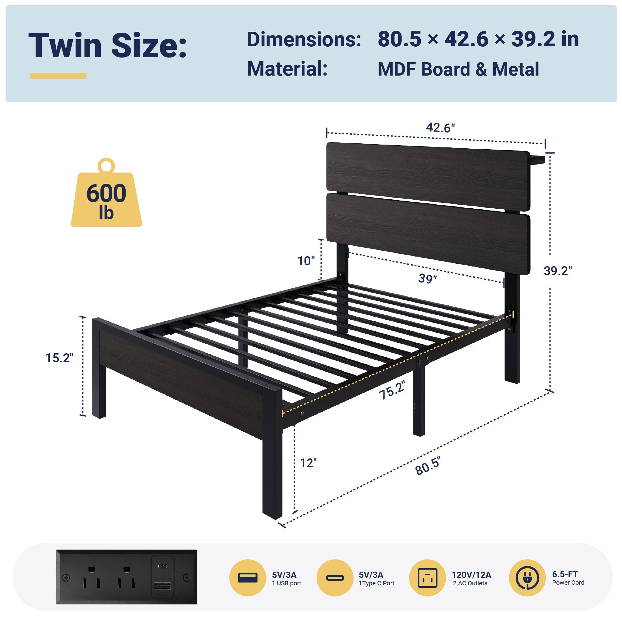 MUTICOR LED Bed Frame with 2 Fabric Storage Drawers, Charging Station & MDF Storage Headboard, Steel Slat Platform Bed with Underbed Storage, No Box Spring Needed