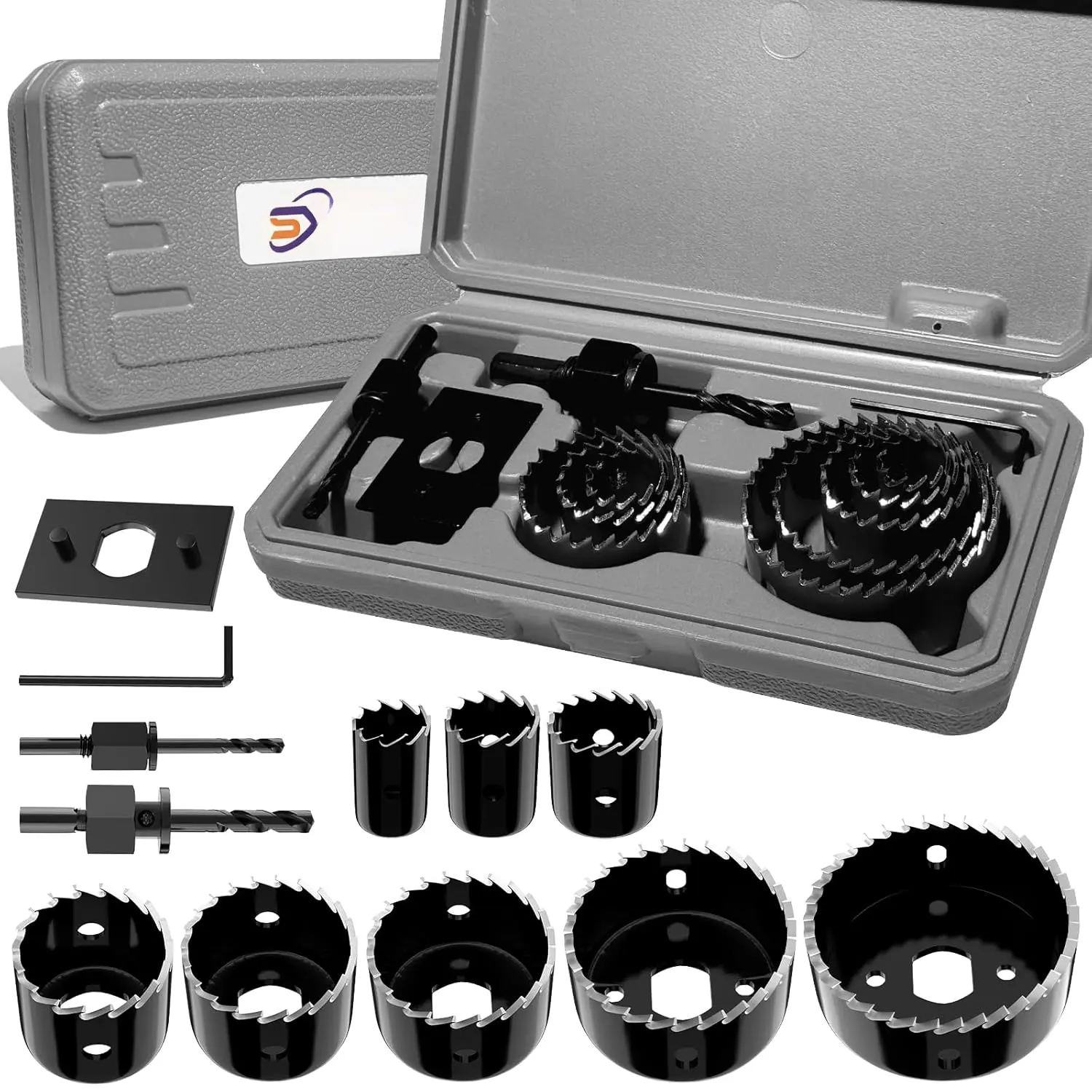 12- Hole  Kit, Includes 8 Sizes (3/4" to 2-1/2"), Arbors, Drill Bits, and Hex Key, Ideal for Softwood, Plywood, and PVC (Black)