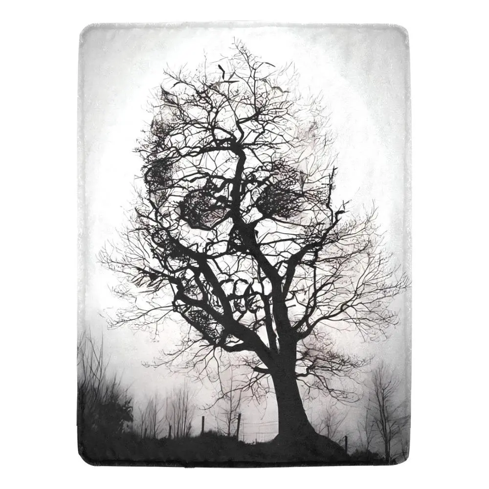 Gothic Skull Tree Print Flannel Blanket - Soft and Warm Throw for Couch, Sofa, Office, Bed, Camping, and Travel - Multipurpose Holiday Gift For Halloween