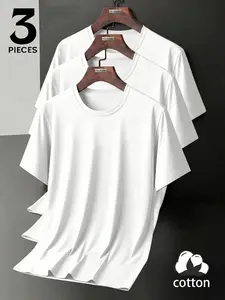 Men's Plus Size 3-Pack Cotton Crew Neck T-Shirts, Loose-Fit Casual Long Sleeve Tops, All-Over Print Lettuce Trim Design