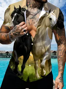 Horse Pattern Print Short Sleeve Shirt, Men's Trendy Casual Top, 3D Stereo Design Summer New Arrival