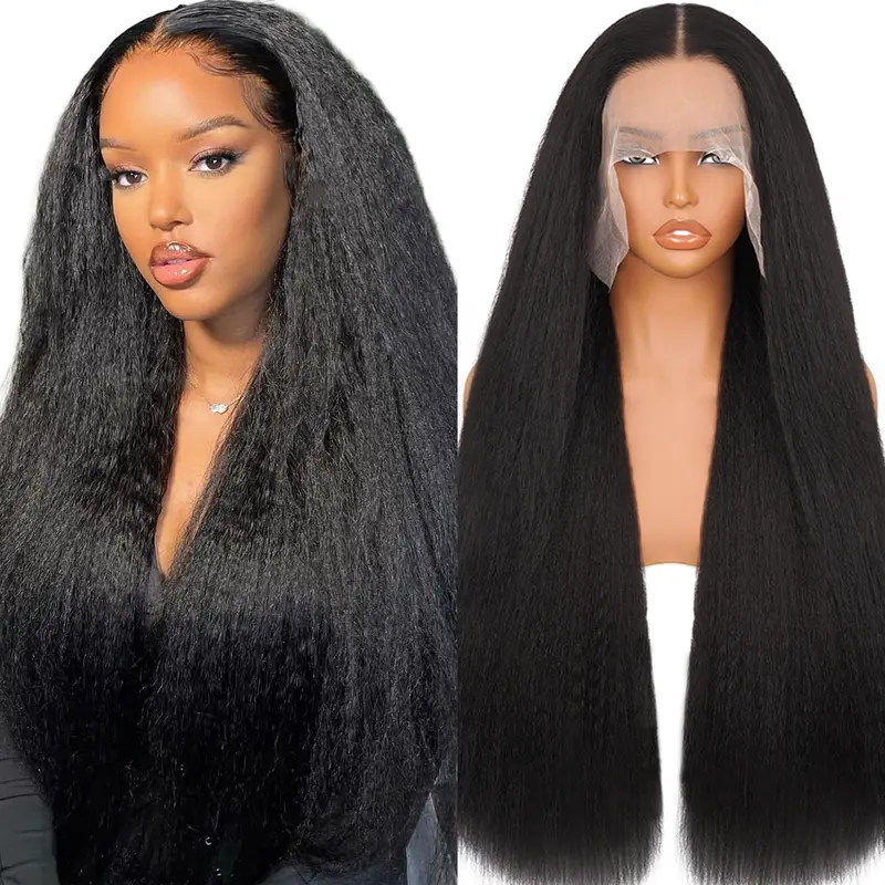 Lush Haute 13X6 Synthetic Lace Front Wig Kinky Straight Lace Front Wig Pre Plucked 180% Density Yaki Straight Lace Front Wigs For Black Women Heat Resistant Hair