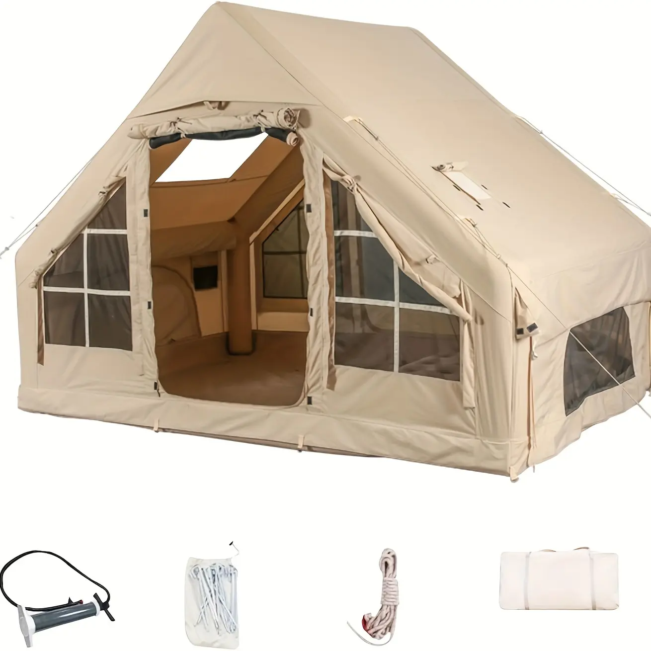 4 Season Oxford Log Cabin Inflatable Camping Tent with Hand Pump, Waterproof, Windproof, Inflatable Campsite for Outdoor Adventure
