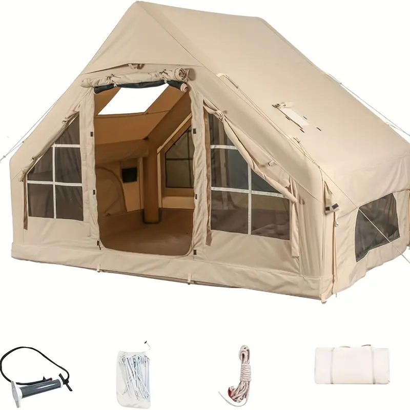 4 Season Oxford Log Cabin Inflatable Camping Tent with Hand Pump, Waterproof, Windproof, Inflatable Campsite for Outdoor Adventure